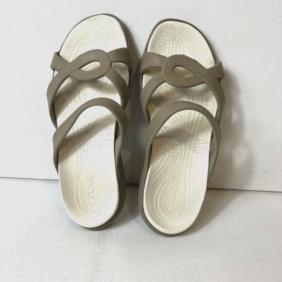 Crocs Sandals Women's 7 Brown Summer Strappy Slides Comfort Casual Slip On Flats - Picture 2 of 11